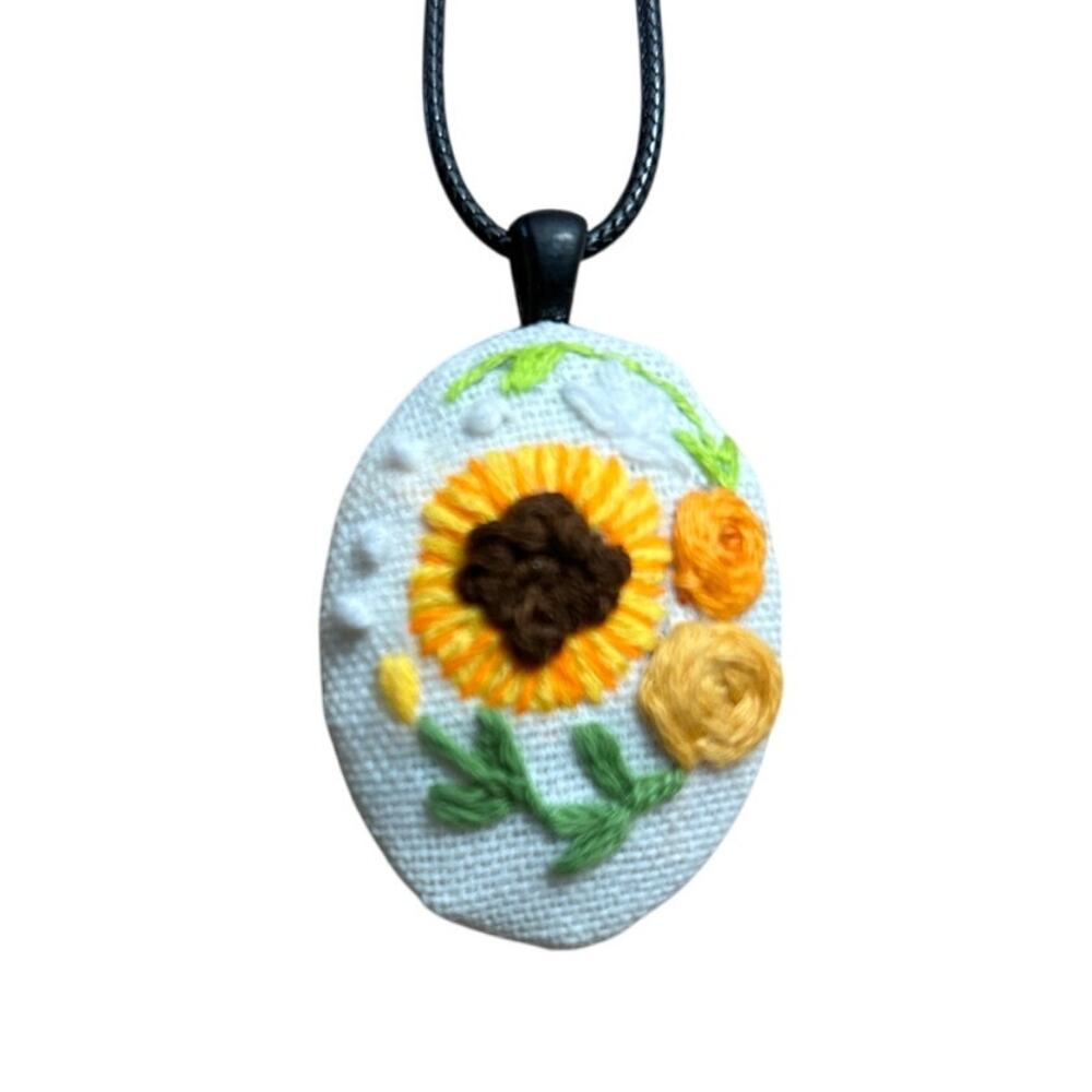Sunflower & Rose Embroidery Necklace - Handmade Pendant